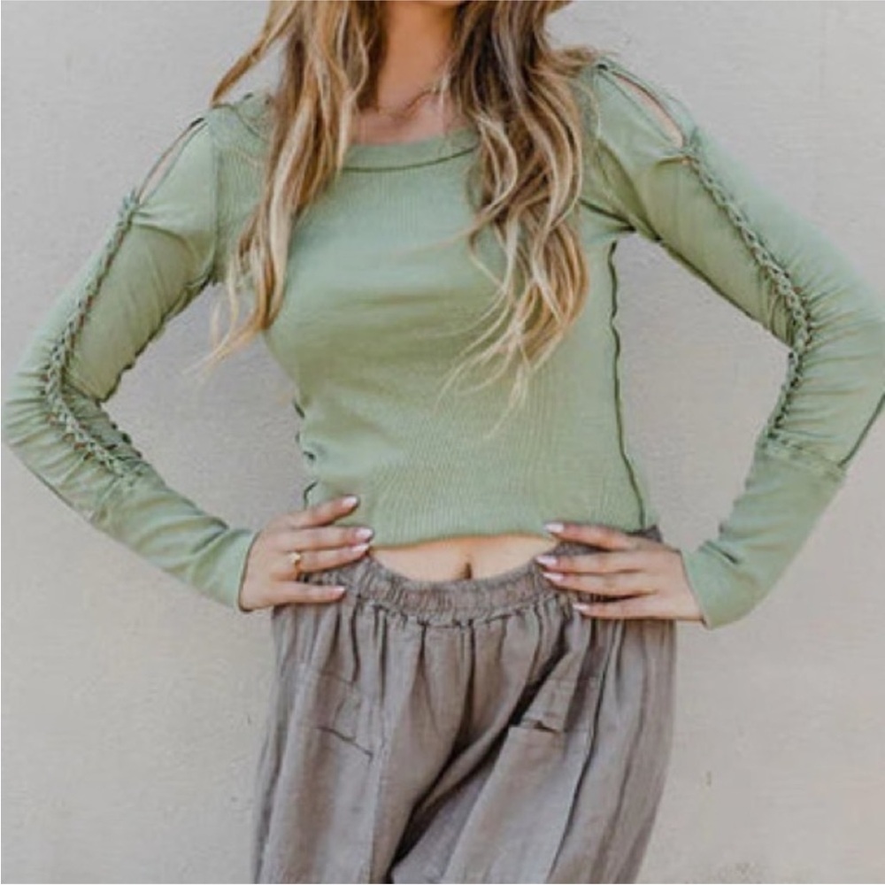 We the Free Sage Green Braided Sleeve Top